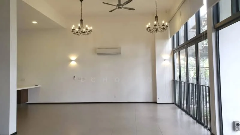 Living features: white painted walls, polished concrete flooring, 5-blade ceiling fan with light, chandelier with multiple bulbs, floor-to-ceiling windows, sliding glass door, recessed downlights, air conditioning unit, decorative wall sconces, open layout, view of outdoor greenery; style: modern; view: garden.