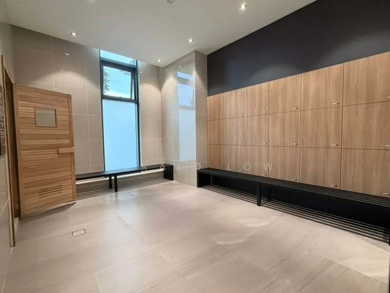 Room features: wooden sauna, glass window, tile flooring, wood paneling on wall, built-in lockers, recessed lighting, black metal bench, neutral color scheme; style: modern.
