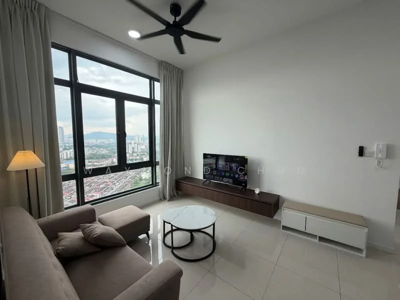 Living features: 3-seater fabric sofa in beige, coffee table with round top, TV console with storage, wall-mounted TV, floor-to-ceiling windows, sheer curtains, light-colored walls, recessed downlights, ceiling fan with light, tile flooring; style: modern; view: city.