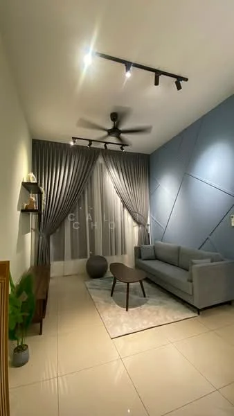 Living features: 3-seater fabric sofa in grey, coffee table, area rug, floor-to-ceiling curtains, ceiling fan with light, wall-mounted shelf, decorative plant, accent wall with geometric pattern, white painted walls, glossy tile flooring, track lighting; style: modern.