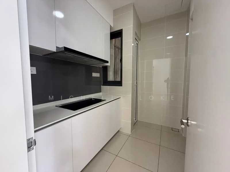 Kitchen features: white cabinetry, grey backsplash, stainless-steel sink, chrome pull-down faucet, built-in stove, wall-mounted range hood, ceramic tile flooring, recessed downlights, floor-to-ceiling window, neutral wall tiles; style: modern.