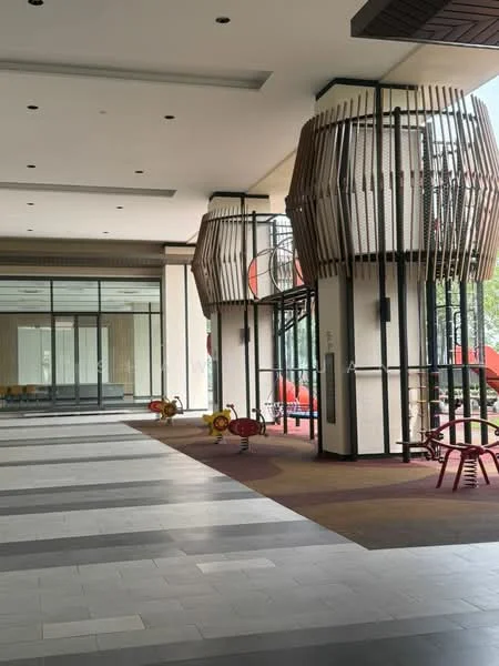 Room features: large open space, high ceiling, modern architectural design, wooden feature elements, glass doors, tile flooring, red accent furniture, decorative lighting fixtures, seating area, play area with equipment; style: modern; view: courtyard.