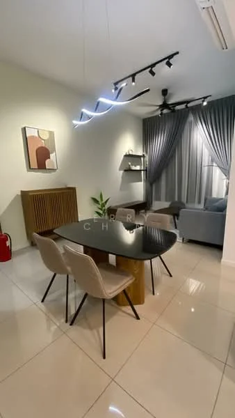 Dining features: dining table with black countertop, 4 upholstered dining chairs, wooden sideboard with slatted design, pendant light fixture, 5-blade ceiling fan, grey curtains, wall-mounted shelf, framed artwork on wall, glossy tile flooring, neutral wall color; style: modern. Living features: fabric sofa in light grey, decorative plant on table, floor-to-ceiling window with sheer curtains; style: modern.