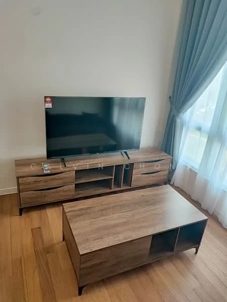 Living features: wooden flooring, light brown wooden TV console, black flat-screen TV, coffee table with open shelving, light blue curtains, floor-to-ceiling windows, natural light, neutral wall color; style: modern.
