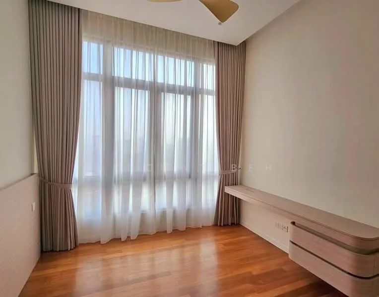 Bedroom features: floor-to-ceiling windows, sheer curtains, wooden flooring, wall-mounted shelf, light-colored walls, ceiling fan, natural light, neutral color palette; style: modern; view: city.