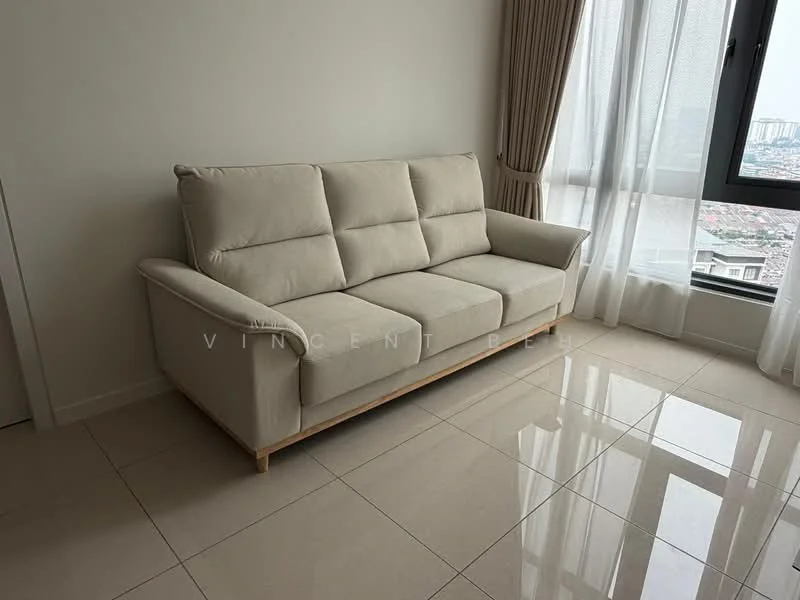 Living features: 3-seater fabric sofa in beige, floor-to-ceiling windows, curtains, glossy ceramic tile flooring, neutral painted walls, city view, light-colored wooden base of sofa; style: modern; view: city.