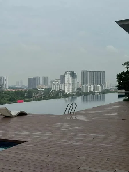 Exterior type: swimming pool deck; features: infinity pool, wooden decking, city skyline view, poolside loungers, landscaped greenery, stainless-steel pool ladder; style: modern.