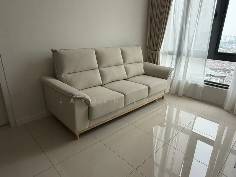 Living features: 3-seater fabric sofa in light beige, floor-to-ceiling windows, sheer curtains, glossy ceramic tile flooring, neutral painted walls, city view, wooden base on sofa, natural light from windows; style: modern; view: city.