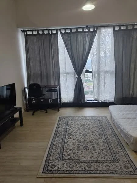 Room features: large floor-to-ceiling windows, grey sheer curtains, wooden flooring, area rug with intricate pattern, black TV console, flat-screen TV, black office chair, desk, mattress on the floor, light fixture on ceiling; style: modern; view: city.