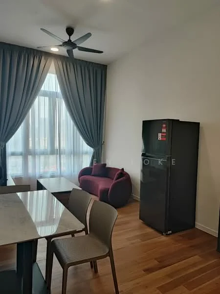 Living features: 5-blade ceiling fan, floor-to-ceiling windows, grey curtains, wooden flooring, purple sofa, dining table with marble top, 2 dining chairs, black refrigerator; style: modern.