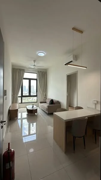 Living features: 3-seater fabric sofa in beige, coffee table, floor-to-ceiling windows, city view, recessed downlights, ceiling fan, polished tile flooring, light wood dining table, upholstered dining chairs, wall-mounted light fixture, neutral painted walls; style: modern; view: city.