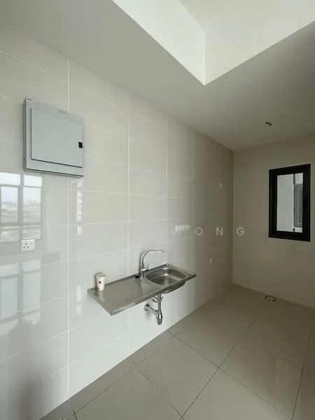 Room features: white tiled walls, grey floor tiles, stainless-steel sink, wall-mounted electrical box, small window, no visible cabinetry, minimalist design, natural light from window; style: modern; view: city.
