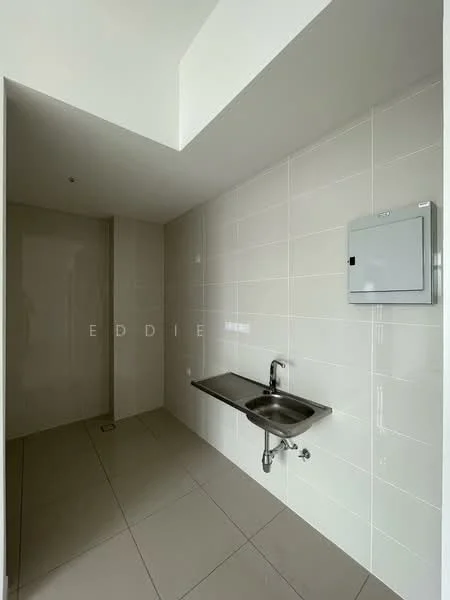 Laundry features: white tiled walls, grey tiled flooring, stainless-steel sink, wall-mounted electrical panel, single wall shelf, drainage outlet, flush ceiling, no visible windows; style: modern.