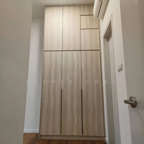 Room features: built-in cabinets with wood finish, light wood cabinetry, vertical storage units, air conditioning unit mounted on wall, white walls, wooden flooring; style: modern.