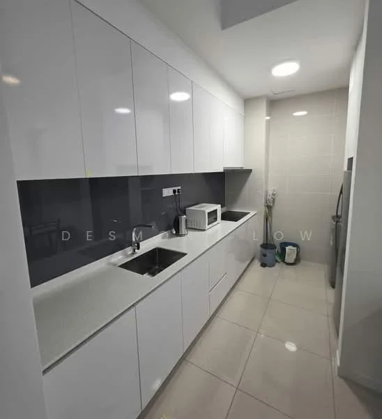 Kitchen features: white flat-panel cabinets, grey backsplash, white countertop, single-bowl stainless-steel sink, chrome pull-down faucet, built-in microwave, freestanding fridge, ceramic tile flooring, recessed downlights, wall-mounted cabinet, cleaning supplies in corner, small trash bin; style: modern.