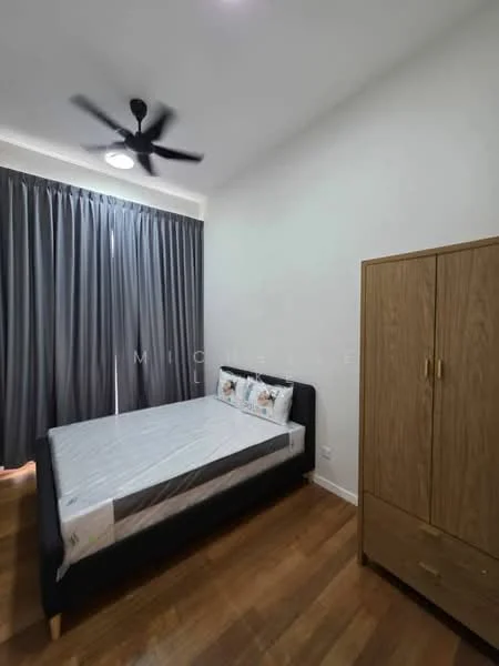 Bedroom features: queen-size bed, upholstered headboard, bedside pillows, wooden wardrobe, ceiling fan, dark grey curtains, wooden flooring, white painted walls; style: modern.