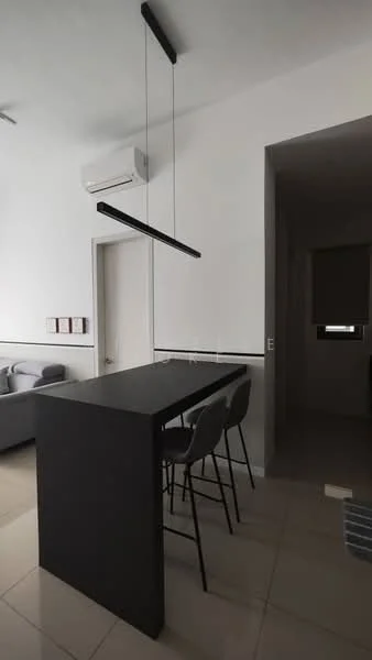 Kitchen features: black kitchen island with seating, 3 bar stools, white walls, recessed ceiling lights, wall-mounted split AC, tile flooring, pendant light fixture, open layout, doorway leading to another room; style: modern.