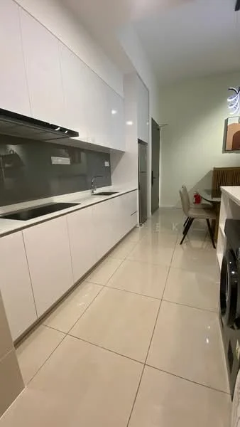 Kitchen features: white flat-panel cabinetry, grey countertop, single-bowl stainless-steel sink, chrome pull-down faucet, built-in oven, freestanding refrigerator, ceramic tile flooring, recessed downlights, wall-mounted cabinets, open shelving, dining table with chairs, washing machine; style: modern.