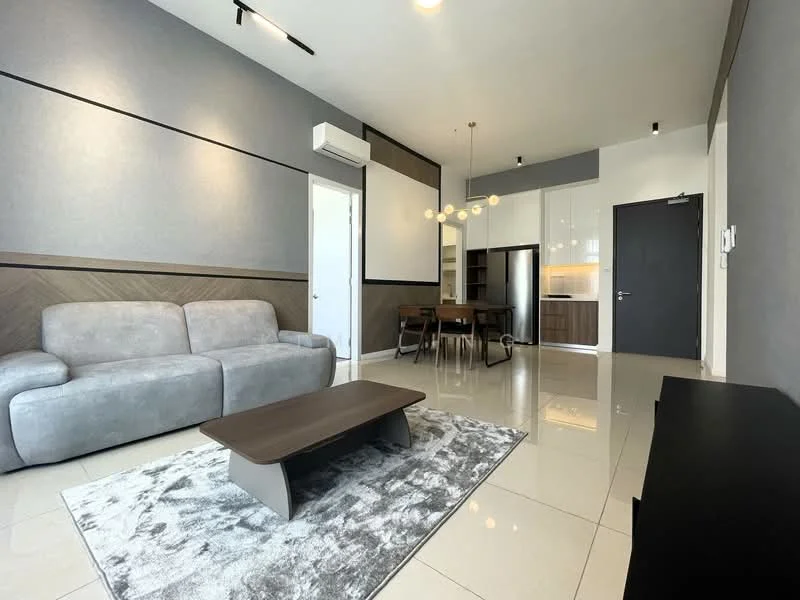 Living features: grey fabric 3-seater sofa, coffee table with grey surface, area rug with abstract pattern, wall-mounted TV, dining table for 4 with wooden finish, refrigerator, white walls, grey accent wall, recessed downlights, air conditioning unit, sliding door, floor-to-ceiling windows; style: modern.
