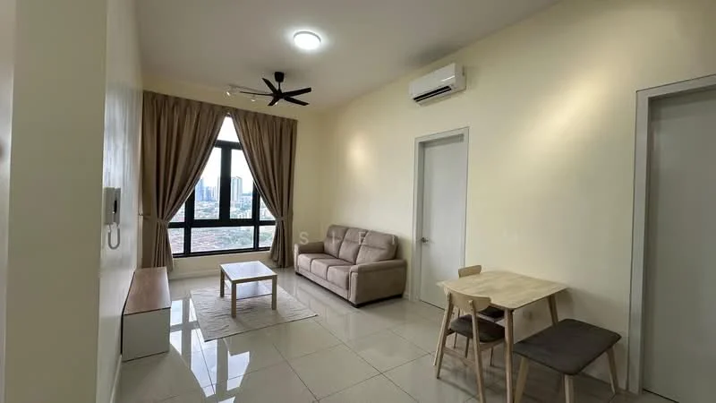 Living features: cream painted walls, glossy tile flooring, 5-blade ceiling fan with light, floor-to-ceiling windows, sheer curtains, sofa in beige, coffee table, TV console, wall-mounted TV, dining table with two chairs, air conditioning unit; style: modern; view: city.