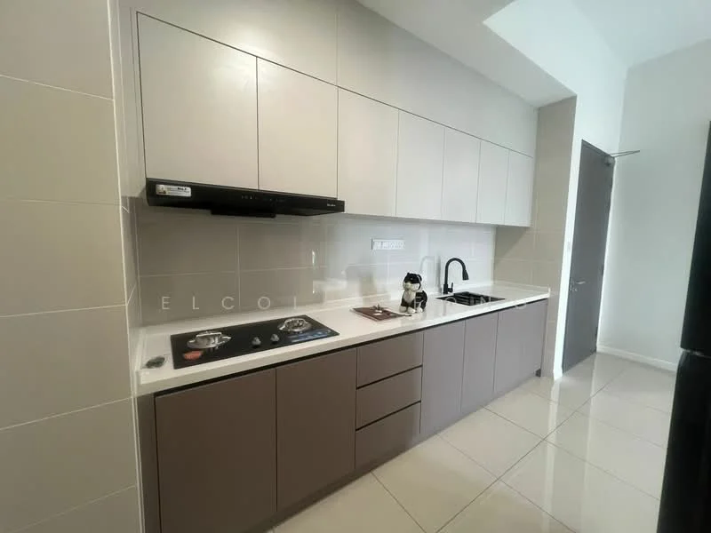 Kitchen features: white laminate upper cabinets, brown laminate lower cabinets, stainless-steel sink, chrome pull-down faucet, built-in stove with two burners, black range hood, white countertop, ceramic tile backsplash, recessed downlights, wall-mounted cabinets, open shelving, floor tiles, modern cabinet handles; style: modern.