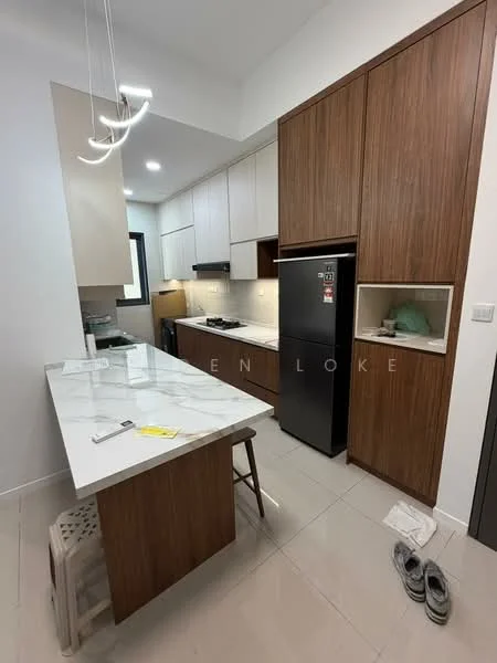 Kitchen features: white cabinets with wood accents, marble countertop, stainless-steel fridge, built-in gas stove, oven, single-bowl stainless-steel sink, chrome pull-down faucet, tile backsplash, recessed downlights, pendant light, open shelving, bar stool, floor tiles, window above sink; style: modern.
