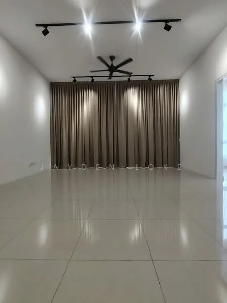 Living features: white painted walls, polished ceramic tile flooring, 5-blade ceiling fan with light, recessed LED downlights, floor-to-ceiling curtains in beige, large glass sliding door, open layout, no visible furniture; style: modern.