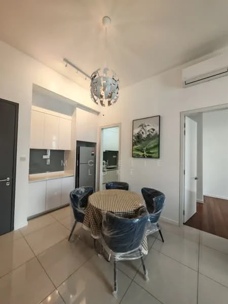 Dining features: round dining table, upholstered dining chairs, pendant light fixture, white cabinetry, black fridge, mirror on wall, glossy tile flooring, air conditioning unit, wall-mounted artwork; style: modern.
