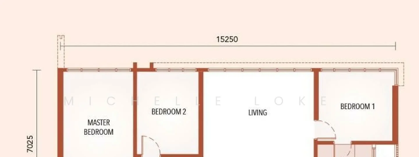Floor plan: 3-bedroom unit; features: open-plan living, master bedroom with ensuite bathroom, bedroom 2, bedroom 1.