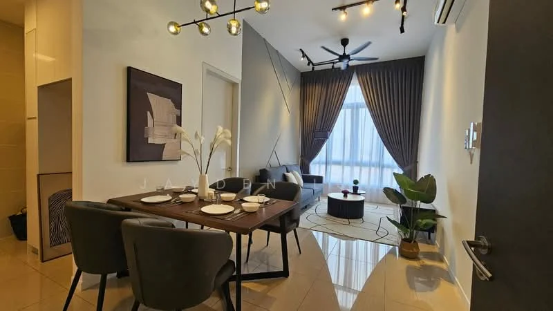 Dining features: 4-seater dining table, grey upholstered dining chairs, decorative centerpiece with flowers, pendant lighting, wall-mounted artwork, floor-to-ceiling windows, curtains, polished tile flooring, ceiling fan with light, indoor plant; style: modern. Living features: sofa, coffee table, area rug, wall-mounted TV, floor-to-ceiling windows, curtains, polished tile flooring, ceiling fan with light; style: modern.