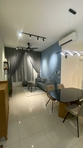 Living features: 3-seater fabric sofa in grey, area rug, ceiling fan with integrated LED light, recessed downlights, floor-to-ceiling curtains in grey, accent wall in blue, white painted walls, marble tile flooring, dining table with chairs, wall-mounted air conditioning unit, decorative wall art, wooden sideboard; style: modern.