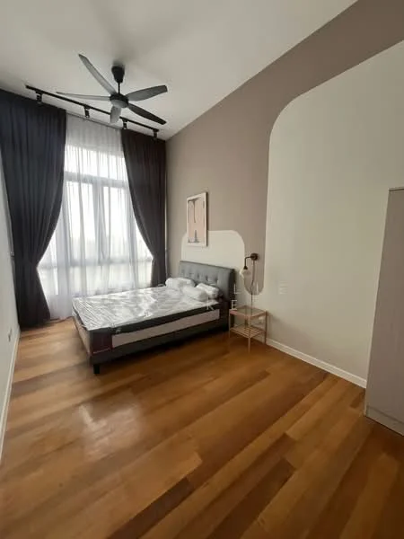 Bedroom features: king-size bed, upholstered headboard, 2 bedside lamps, wooden flooring, floor-to-ceiling windows, sheer curtains, 5-blade ceiling fan with light, decorative wall art, accent wall in beige, built-in wardrobe; style: modern.