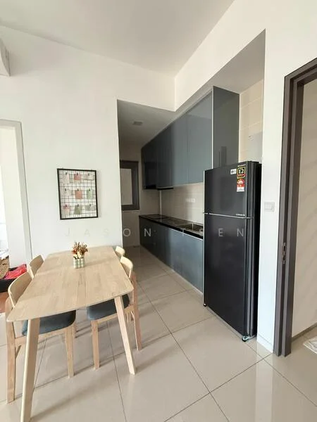 Kitchen features: grey cabinetry, white tiled backsplash, black refrigerator, stainless-steel sink, chrome faucet, 4-burner gas hob, built-in oven, marble countertop, dining table with wooden legs, 4 upholstered dining chairs, ceramic tile flooring, recessed downlights; style: modern.