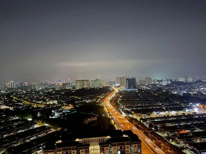 Exterior features: city skyline view, nighttime lighting, highway visible, urban landscape, high-rise buildings in background, streetlights along highway, residential areas visible, greenery in foreground; style: modern.