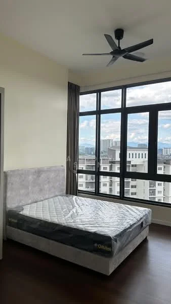 Bedroom features: queen-size bed with mattress, 5-blade ceiling fan, floor-to-ceiling windows, grey upholstered headboard, curtains, wooden flooring, city view, light-colored painted walls; style: modern; view: city.