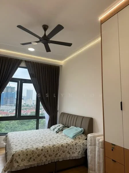 Bedroom features: queen-size bed with upholstered headboard, bedding with floral pattern, 2 bedside pillows, ceiling fan with light, floor-to-ceiling windows, curtains in dark grey, wooden flooring, built-in wardrobe with sliding doors, decorative wall lighting; style: modern; view: city.