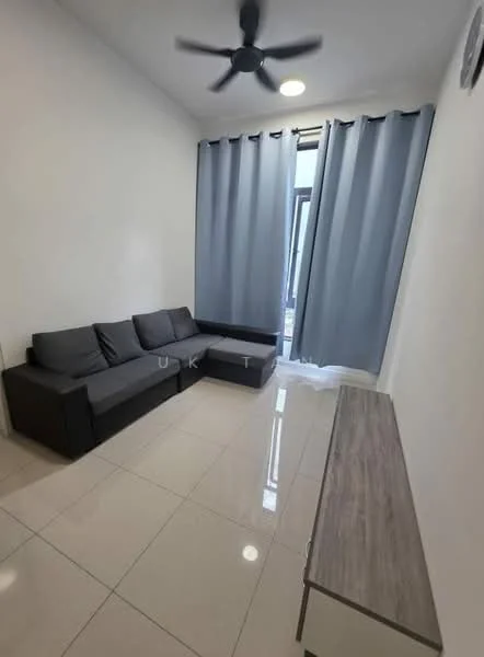 Living features: grey fabric sofa, L-shape sectional sofa, white painted walls, glossy ceramic tile flooring, ceiling fan, recessed ceiling light, floor-to-ceiling windows, grey curtains, TV console with wood finish; style: modern.