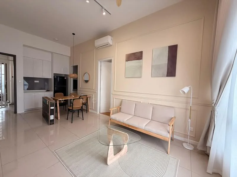 Living features: cream painted walls, white ceiling, recessed downlights, 5-blade ceiling fan, large windows with sheer curtains, light wood flooring, sofa with beige upholstery, glass coffee table, area rug with geometric pattern, decorative wall art, dining table with four chairs, built-in kitchen cabinetry; style: modern.