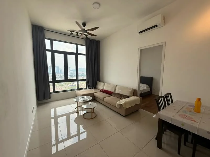 Living features: 3-seater fabric sofa in beige, coffee table, floor-to-ceiling windows, grey curtains, wall-mounted split AC, recessed downlights, light-colored tiled flooring, decorative wall, area rug; style: modern; view: city. Bedroom features: double bed, wood flooring, bedside table, wall-mounted light, window with city view; view: city.