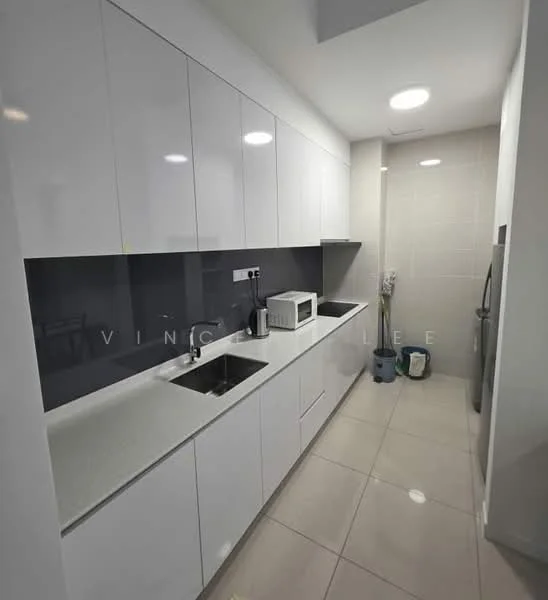 Kitchen features: white high-gloss cabinetry, grey backsplash, white countertop, single-bowl stainless-steel sink, chrome pull-down faucet, built-in microwave, freestanding fridge, ceramic tile flooring, recessed LED downlights, wall-mounted storage, clean minimalist design, open shelving; style: modern.