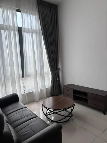 Living features: 3-seater leather sofa in dark grey, round wooden coffee table, TV console in dark wood, floor-to-ceiling windows, sheer curtains, grey blackout curtains, white painted walls, glossy tile flooring; style: modern; view: city.
