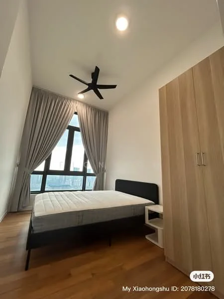Bedroom features: wooden flooring, white painted walls, 5-blade ceiling fan with light, floor-to-ceiling windows, grey curtains, queen-size bed, nightstand, built-in wardrobe; style: modern; view: city.