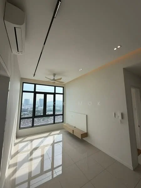 Living features: floor-to-ceiling windows, white painted walls, recessed LED downlights, 5-blade ceiling fan, glossy tile flooring, wall-mounted TV console, built-in storage unit, city view; style: modern; view: city.