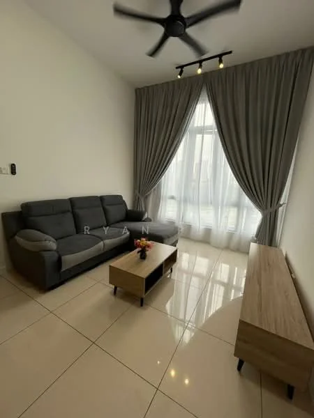 Living features: 3-seater fabric sofa in grey, coffee table, TV console, floor-to-ceiling windows, sheer curtains, recessed downlights, 5-blade ceiling fan, glossy tile flooring, neutral painted walls, decorative vase on coffee table; style: modern.