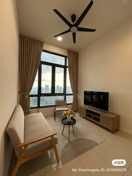 Living features: 3-seater fabric sofa in light grey, wooden armchair, coffee table, TV console, wall-mounted TV, area rug with geometric pattern, floor-to-ceiling windows, curtains, ceiling fan with light, neutral wall color, tile flooring; style: modern; view: city.