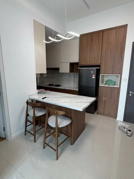 Kitchen features: white marble countertop, wood cabinetry in dark brown, light grey upper cabinets, stainless-steel fridge, built-in cooktop, modern pendant lighting, bar stools, ceramic tile flooring, white painted walls, open shelving, sink with faucet; style: modern.
