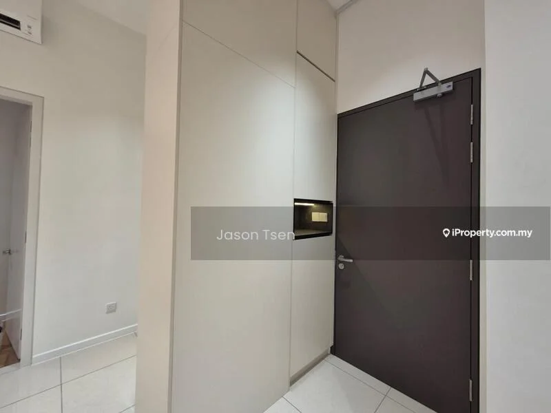 Room features: white painted walls, glossy tile flooring, built-in cabinetry with flat-panel design, dark wood door, wall-mounted air conditioning unit, modern door handle, minimalist design; style: modern.