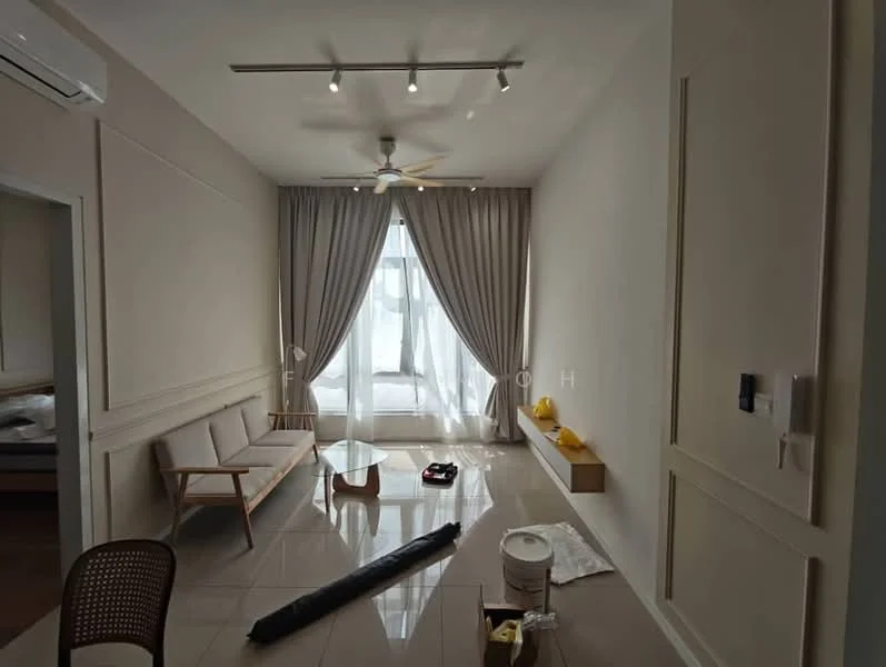 Living features: 5-blade ceiling fan with light, sofa with wooden frame, glass coffee table, floor-to-ceiling windows, sheer curtains, cream painted walls, polished tile flooring, wall-mounted shelf, decorative wall paneling, recessed downlights; style: modern.
