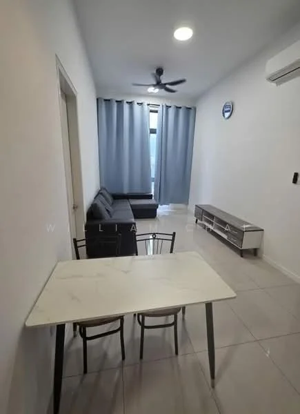 Living features: grey fabric sofa, white marble dining table, 2 dining chairs, light-colored tiled flooring, white painted walls, ceiling fan, wall-mounted air conditioning unit, floor-to-ceiling windows with sheer curtains, TV console, decorative wall clock; style: modern.