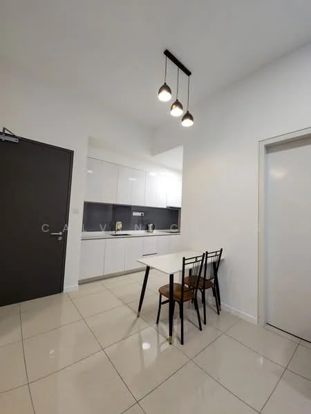 Kitchen features: white cabinetry, grey backsplash, stainless-steel sink, chrome pull-down faucet, built-in oven, freestanding range oven, microwave, ceramic tile flooring, recessed downlights, 3-blade ceiling fan, dining table with two chairs, open layout; style: modern.